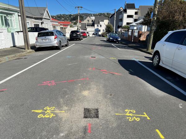 Cardall St, Newtown marked up with spray paint where pipes and other services are for wastewater works August 2026